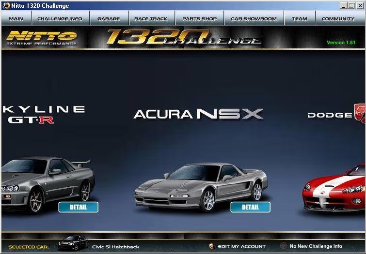 Nitto 1320 Challenge showroom screen with Skyline GT-R, Acura NSX, and Dodge vehicles