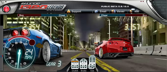 Nitto 1320 Legends race screen showing two cars on a city street